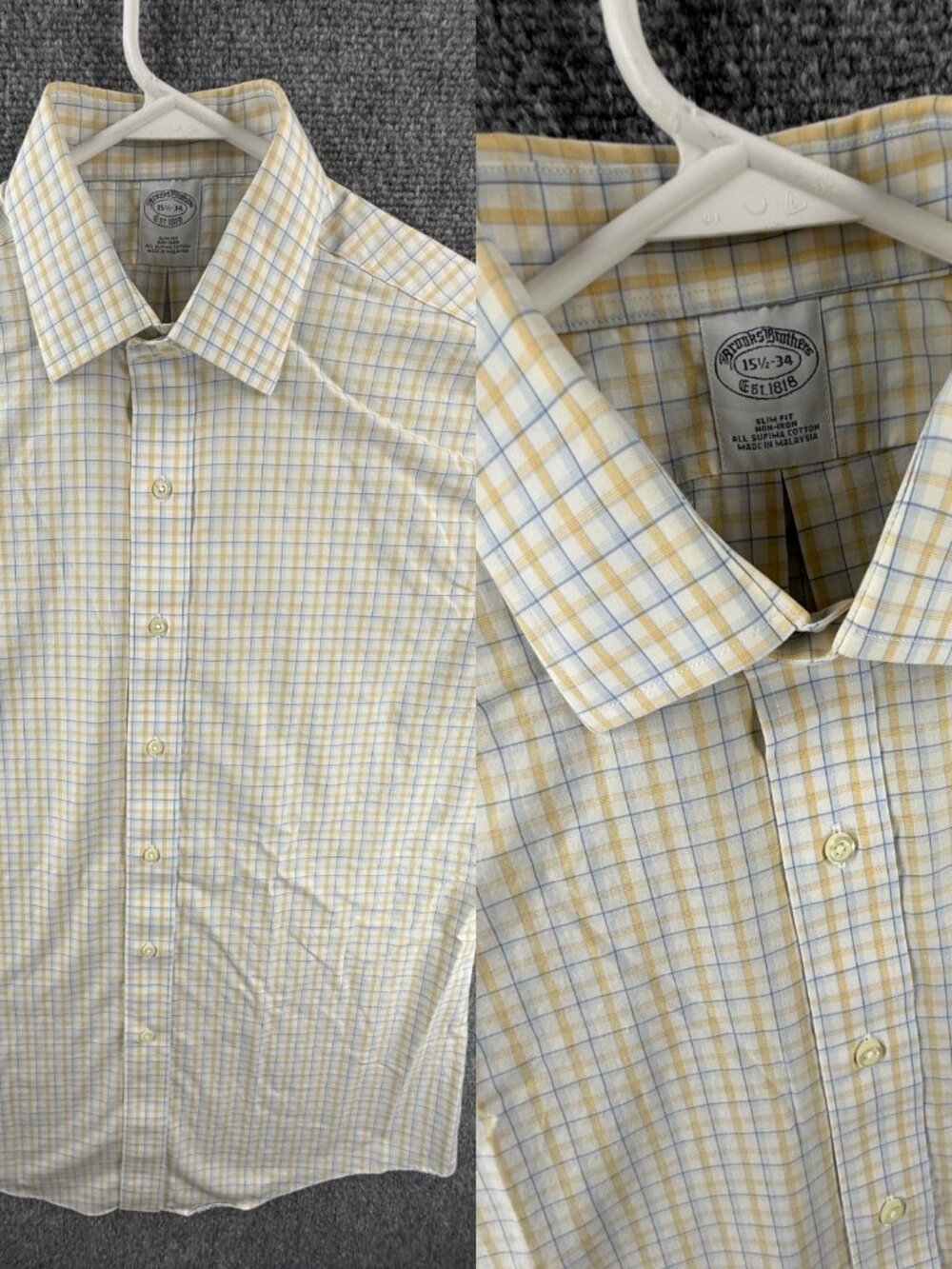 Brooks Brothers Blue Yellow Check 15.5 34 Non-Iron Cotton Slim French Cuff Shirt